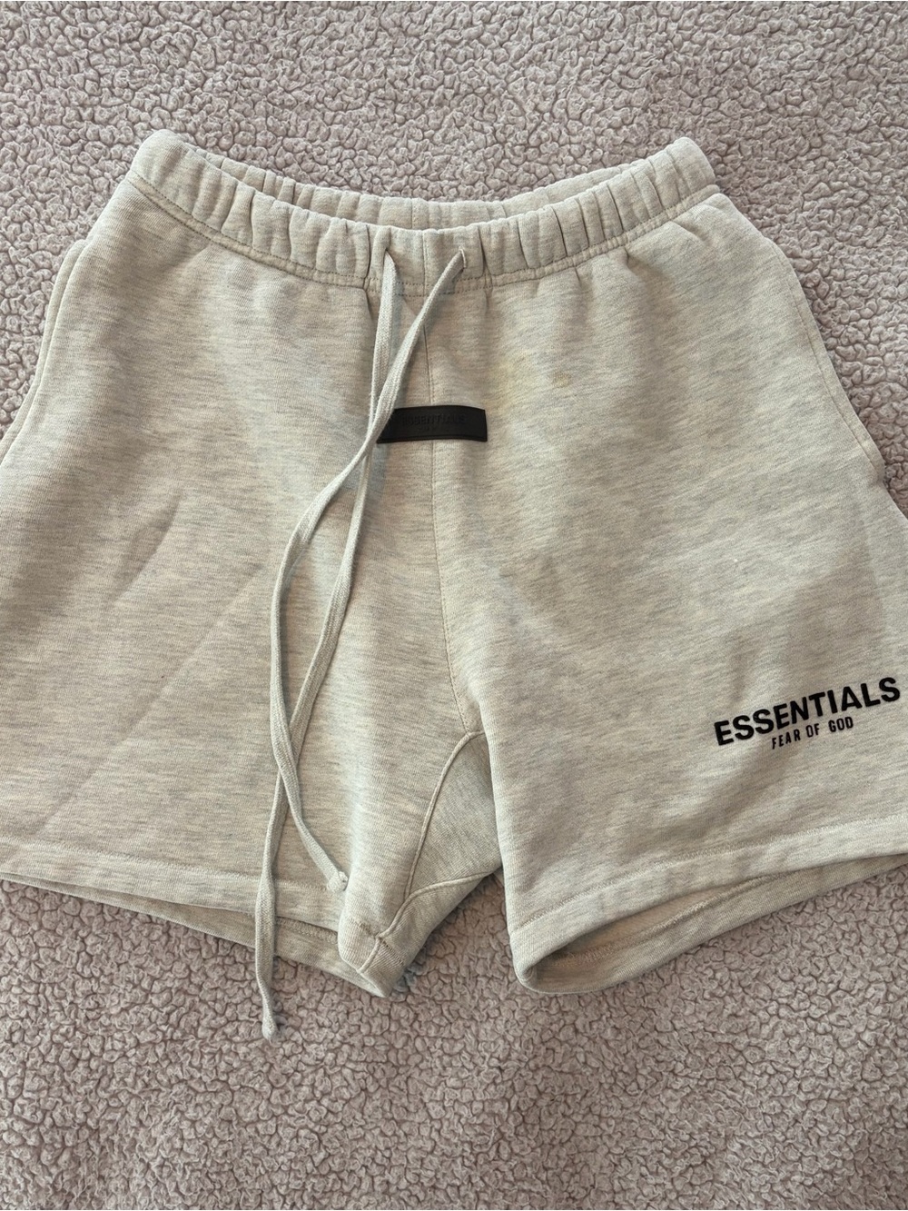 ESSENTIALS Men's Cream Drawstring Fleece Shorts with Black Logo